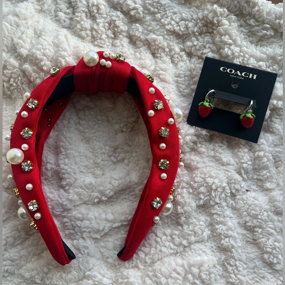 Coach strawberry huggie earrings and handmade Red Pearl Embellished Headband NWT - Picture 3 of 9